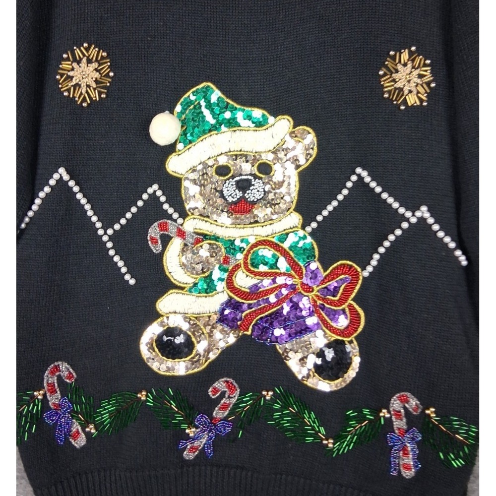 VTG Lindsey‎ Blake Womens Sweater Large Black Christmas Bear Sequin Holiday